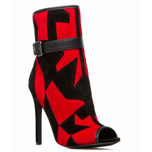BLEONA Women’s Red Black Peep Toe Geometric Vegan Suede Heeled Ankle Boots Size - Picture 2 of 8